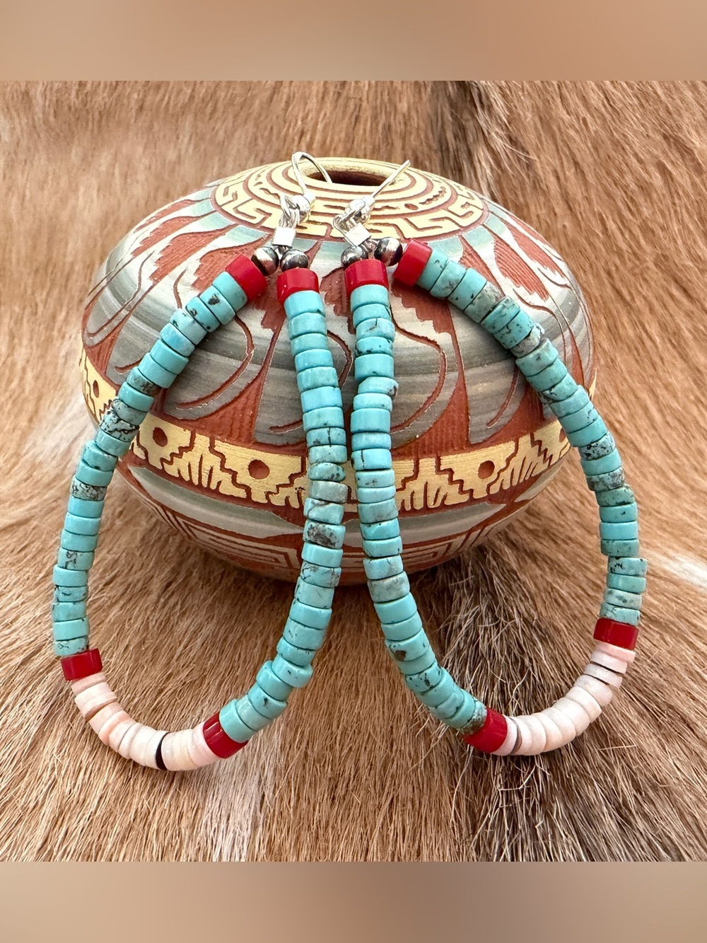 ❤️ Native American “S Duncan” Heishi Turquoise Coral Luhuanus Shell 925 Earrings